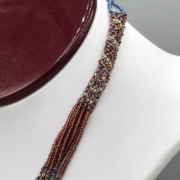 Handcrafted Multi Strand Seed Bead Boho Necklace Brown Gold 16 in Button Close - Picture 5 of 9
